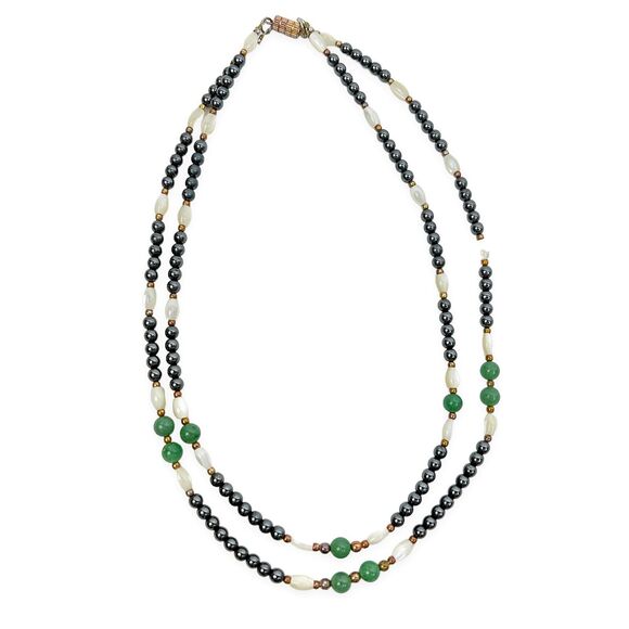 Beaded Necklace Oval White Mother of Pearl Round Green And Shiny Gunmetal Collar - Picture 5 of 9